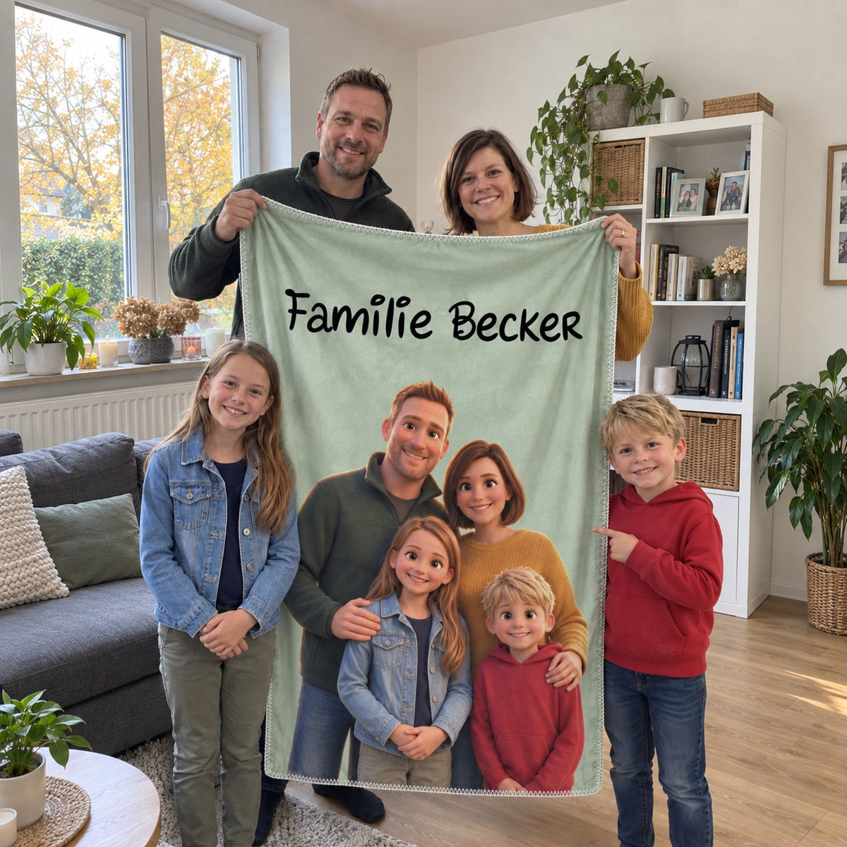Eltern halten ihre personalisierte 3D Familiendecke mit dem Text Familie Becker hoch, die Kinder stehen daneben