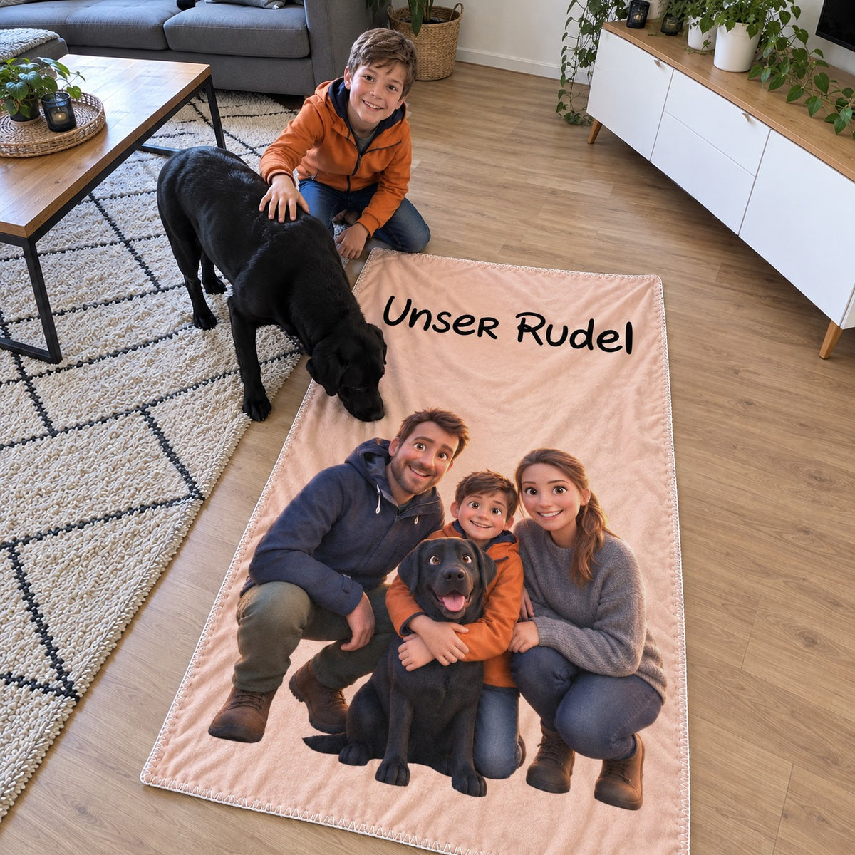 Schwarzer Labrador schnuppert an der personalisierten 3D Decke mit dem Text Unser Rudel