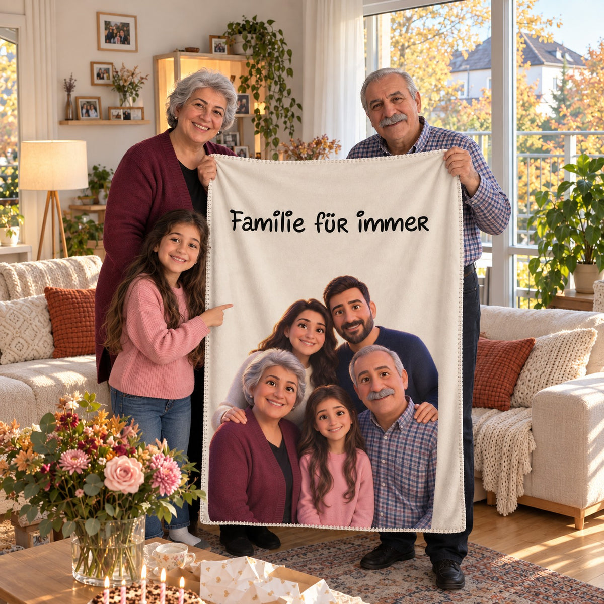 Großeltern halten beim Geburtstagskaffee die personalisierte 3D Decke mit dem Text Familie für immer, die Enkelin zeigt darauf