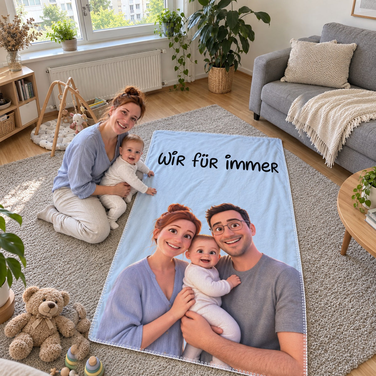 Mama mit Baby neben der personalisierten 3D Decke mit dem Text Wir für immer