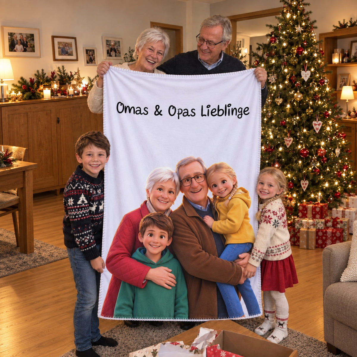Großeltern halten an Weihnachten die personalisierte 3D Decke mit dem Text Omas & Opas Lieblinge, die Enkel stehen daneben