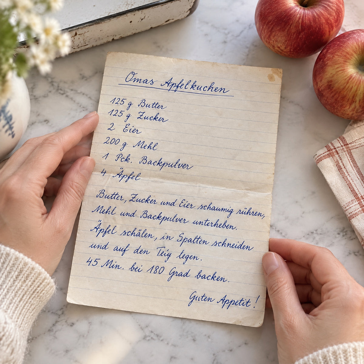 Hände streichen ein altes handgeschriebenes Rezept glatt