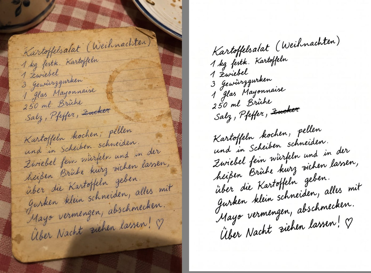 Vorher und nachher: fleckiges Rezeptkärtchen und die saubere Gravurvorlage mit Durchstreichung und Herz